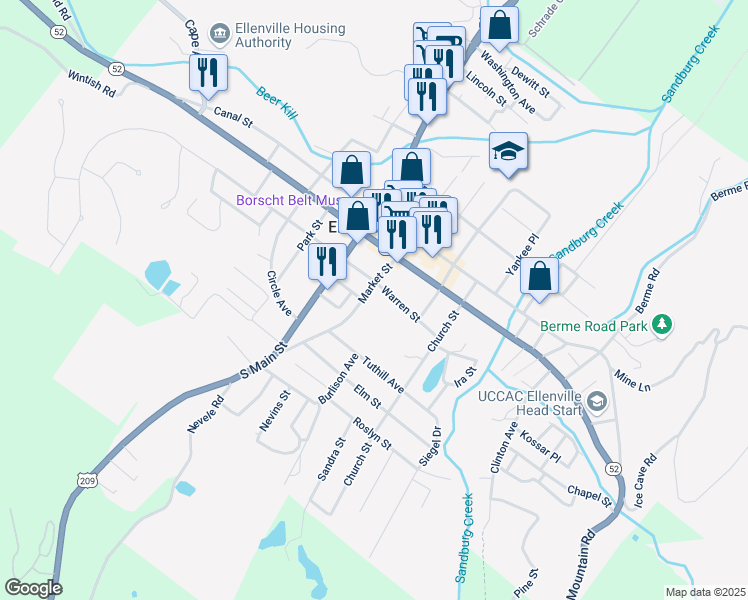 map of restaurants, bars, coffee shops, grocery stores, and more near 31 Market Street in Ellenville