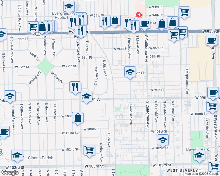 map of restaurants, bars, coffee shops, grocery stores, and more near 9809 South Utica Avenue in Evergreen Park