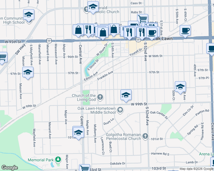map of restaurants, bars, coffee shops, grocery stores, and more near 9729 Warren Avenue in Oak Lawn