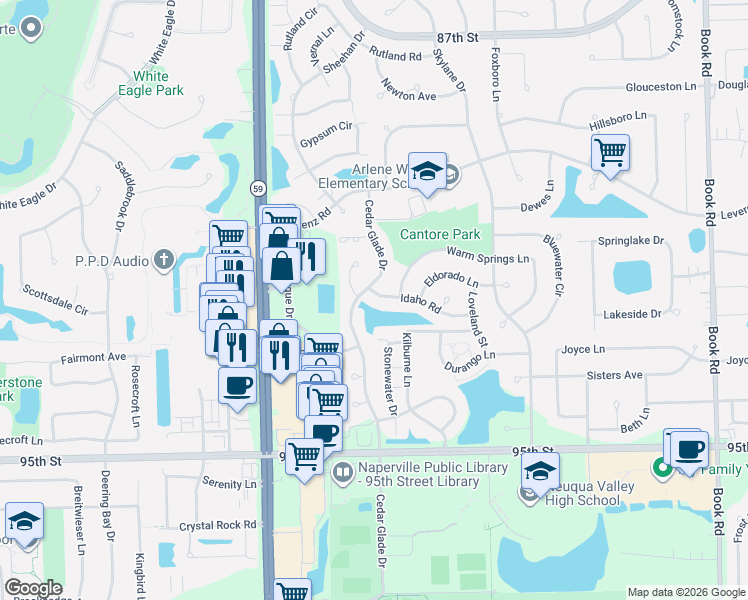 map of restaurants, bars, coffee shops, grocery stores, and more near 2748 Idaho Road in Naperville