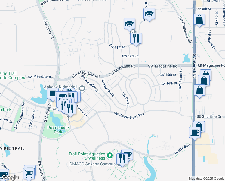 map of restaurants, bars, coffee shops, grocery stores, and more near 1005 Southwest Merchant Street in Ankeny