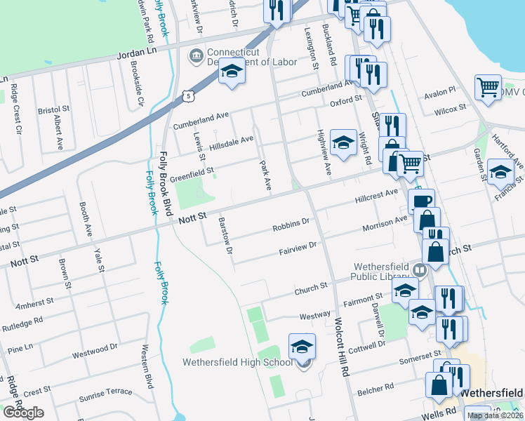 map of restaurants, bars, coffee shops, grocery stores, and more near 301 Nott Street in Wethersfield