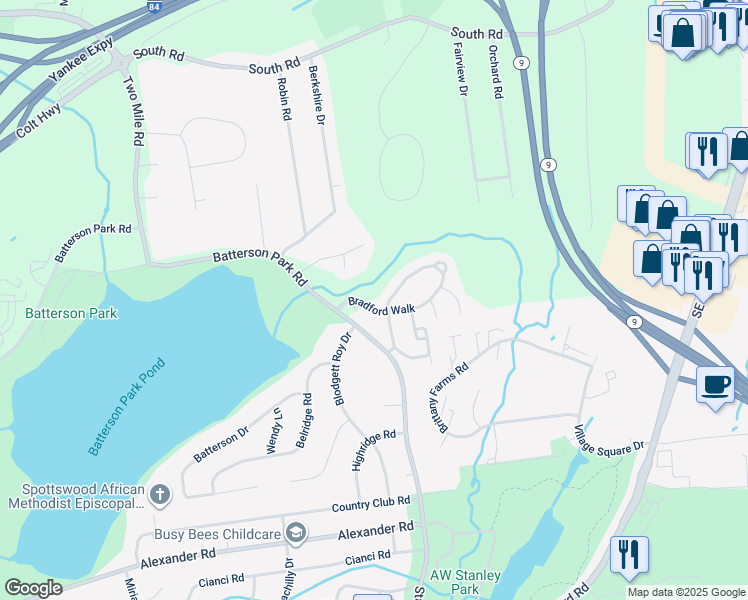 map of restaurants, bars, coffee shops, grocery stores, and more near Bradford Walk in New Britain