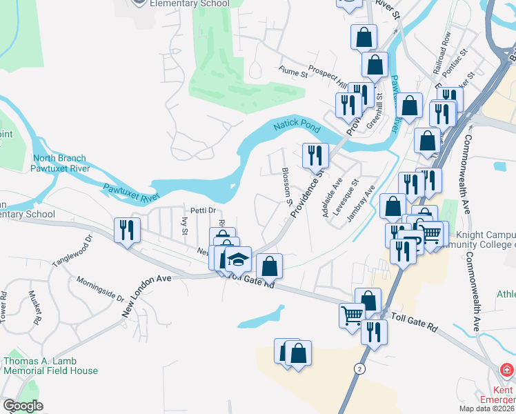 map of restaurants, bars, coffee shops, grocery stores, and more near 42 West Valley Circle in West Warwick