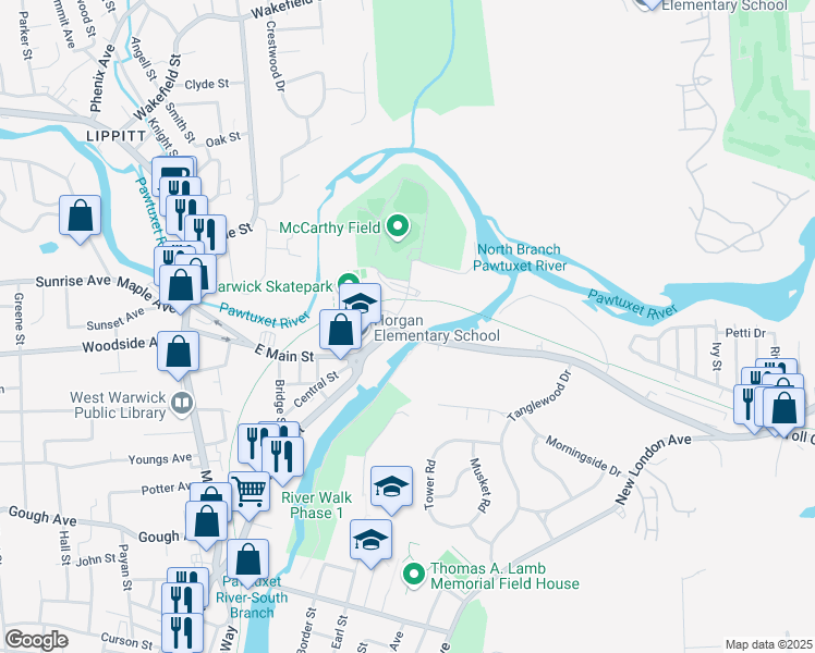 map of restaurants, bars, coffee shops, grocery stores, and more near 124 Providence Street in West Warwick