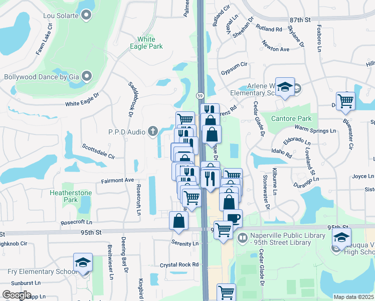 map of restaurants, bars, coffee shops, grocery stores, and more near 2720 Showplace Drive in Naperville