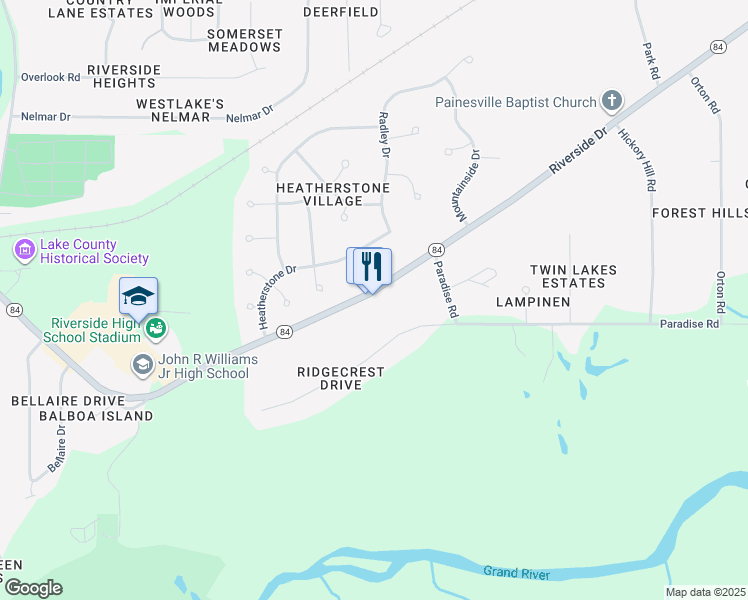 map of restaurants, bars, coffee shops, grocery stores, and more near 970 Riverside Drive in Painesville