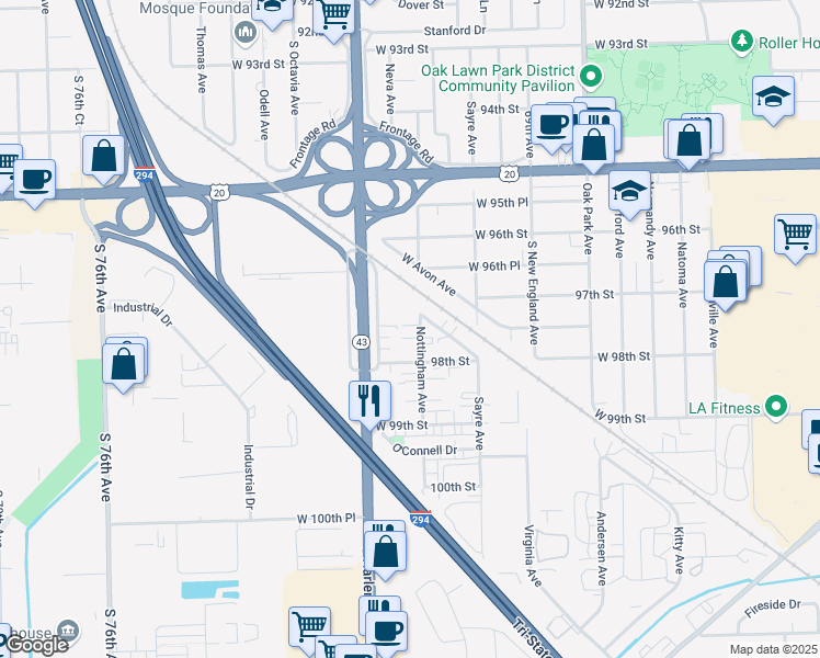 map of restaurants, bars, coffee shops, grocery stores, and more near 9702 Nottingham Avenue in Chicago Ridge
