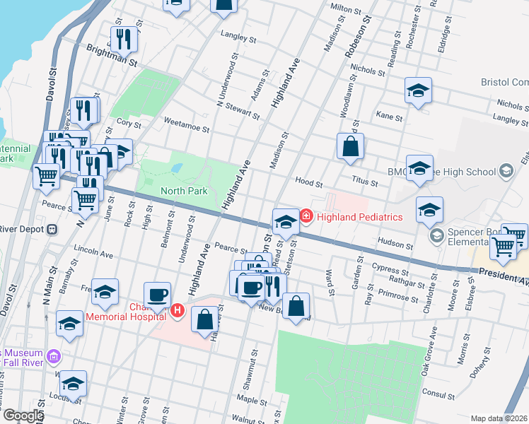 map of restaurants, bars, coffee shops, grocery stores, and more near 301 Madison Street in Fall River
