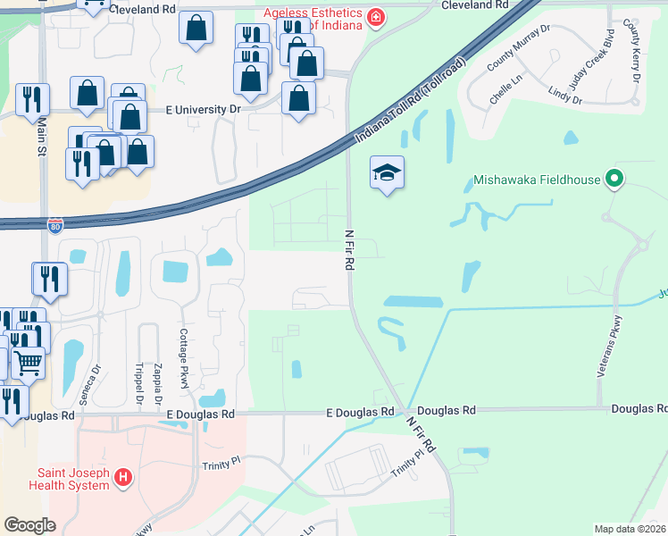 map of restaurants, bars, coffee shops, grocery stores, and more near 53693-53783 Fir Road in Mishawaka