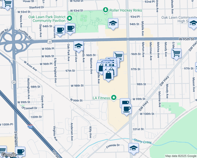 map of restaurants, bars, coffee shops, grocery stores, and more near 500 Chicago Ridge Mall in Oak Lawn