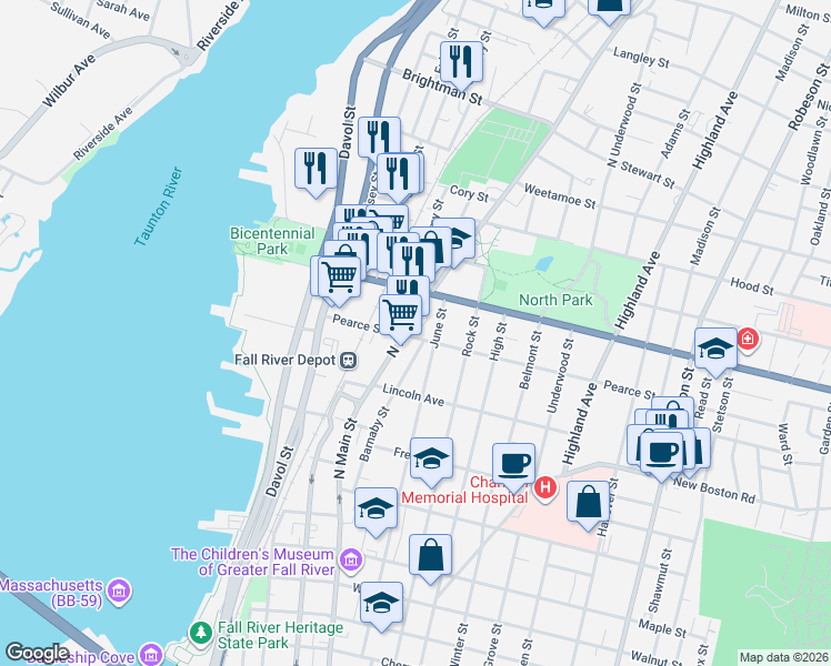 map of restaurants, bars, coffee shops, grocery stores, and more near 708 June Street in Fall River