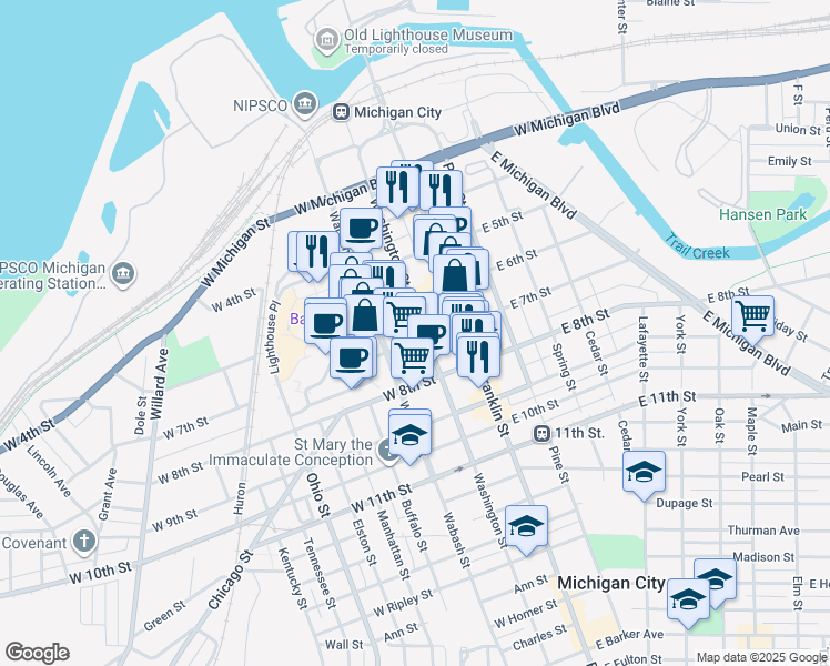 map of restaurants, bars, coffee shops, grocery stores, and more near 631 Washington Street in Michigan City