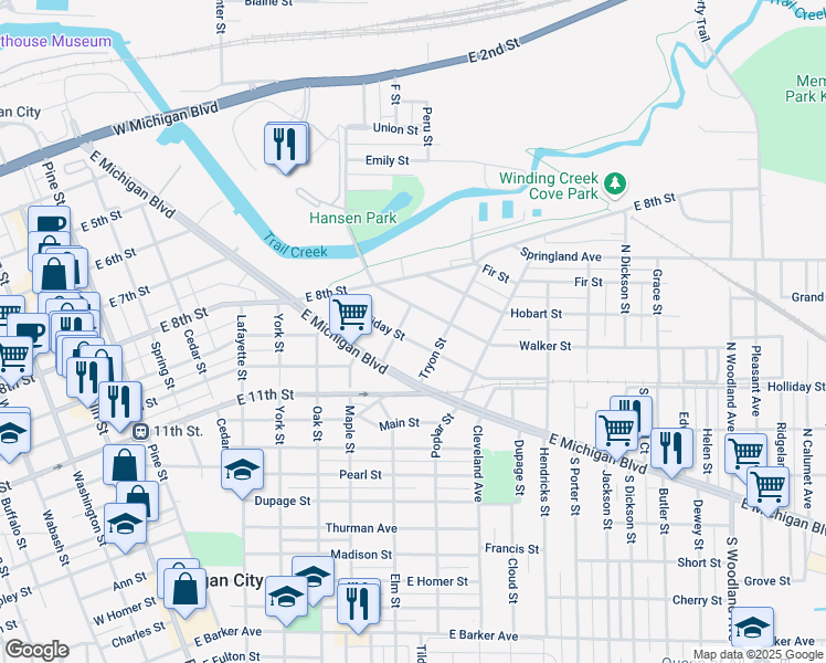 map of restaurants, bars, coffee shops, grocery stores, and more near 211 Case Street in Michigan City