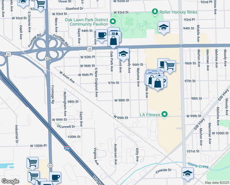 map of restaurants, bars, coffee shops, grocery stores, and more near 9719 Oak Park Avenue in Oak Lawn