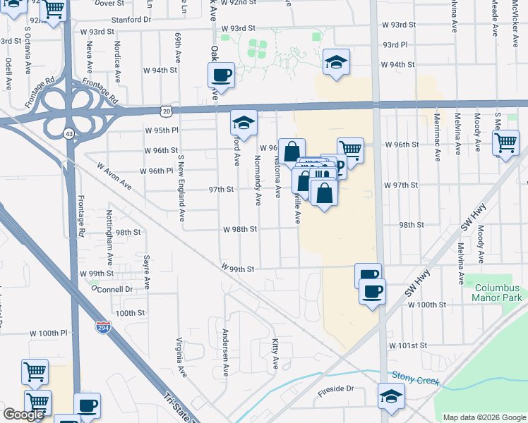 map of restaurants, bars, coffee shops, grocery stores, and more near 9725 Normandy Avenue in Oak Lawn