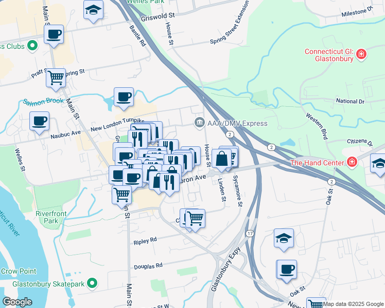 map of restaurants, bars, coffee shops, grocery stores, and more near 22 Melrose Street in Glastonbury