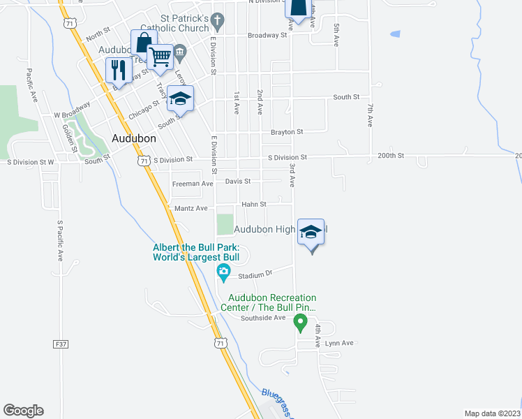 map of restaurants, bars, coffee shops, grocery stores, and more near 801 Brookside Drive in Audubon