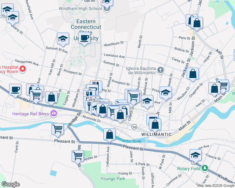 map of restaurants, bars, coffee shops, grocery stores, and more near 53 Spring Street in Windham