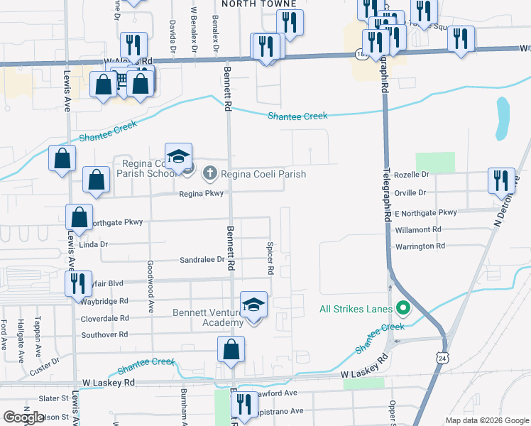 map of restaurants, bars, coffee shops, grocery stores, and more near 404 West Northgate Parkway in Toledo