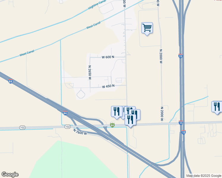 map of restaurants, bars, coffee shops, grocery stores, and more near 2455 West 450 North in Tremonton