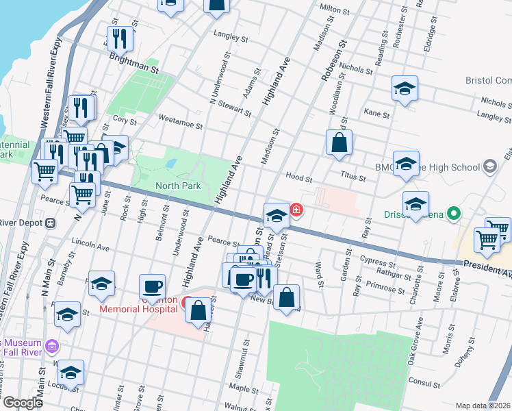 map of restaurants, bars, coffee shops, grocery stores, and more near 765 Hanover Street in Fall River
