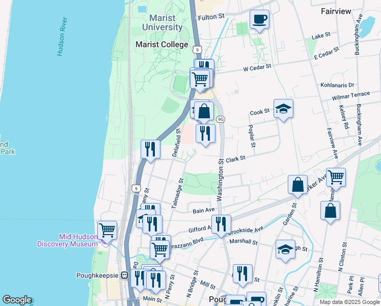 map of restaurants, bars, coffee shops, grocery stores, and more near 109 Delafield Street in Poughkeepsie