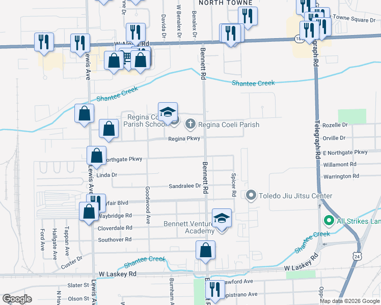 map of restaurants, bars, coffee shops, grocery stores, and more near 5381 Bennett Road in Toledo