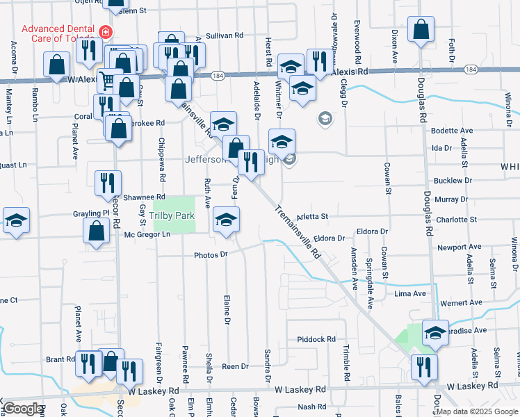 map of restaurants, bars, coffee shops, grocery stores, and more near in Toledo