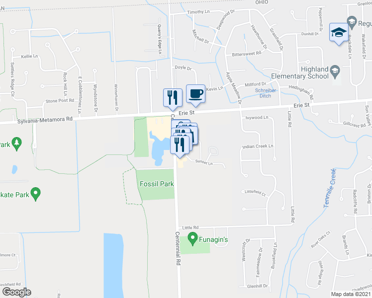 map of restaurants, bars, coffee shops, grocery stores, and more near 8252 Mayberry Square North in Sylvania