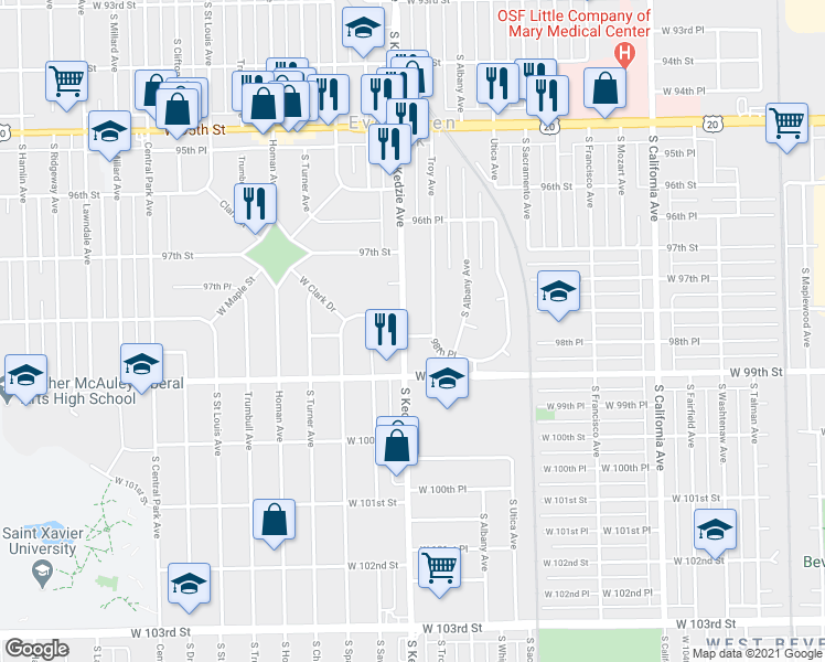 map of restaurants, bars, coffee shops, grocery stores, and more near 9802 South Kedzie Avenue in Evergreen Park