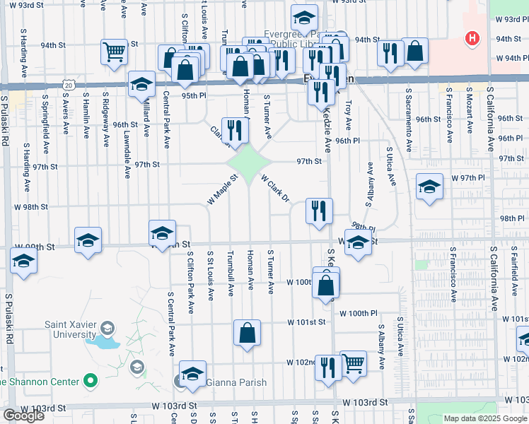 map of restaurants, bars, coffee shops, grocery stores, and more near 9817 South Turner Avenue in Evergreen Park