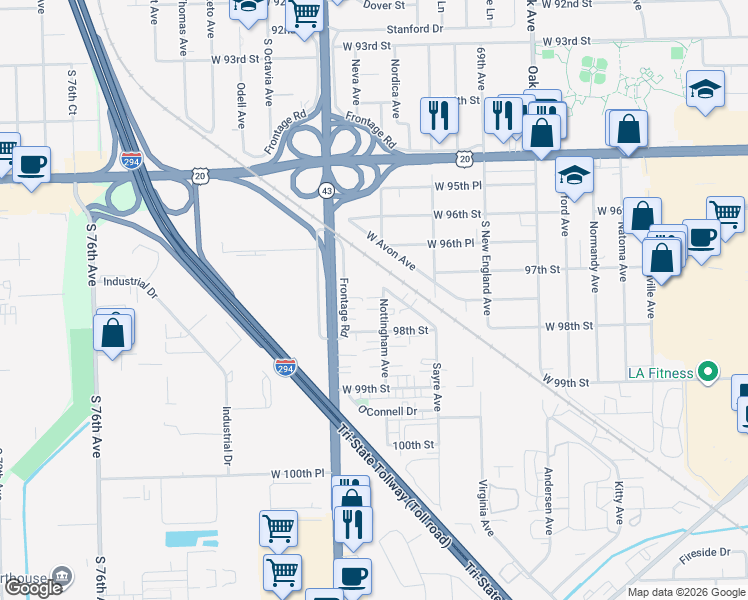map of restaurants, bars, coffee shops, grocery stores, and more near 9702 Nottingham Avenue in Chicago Ridge