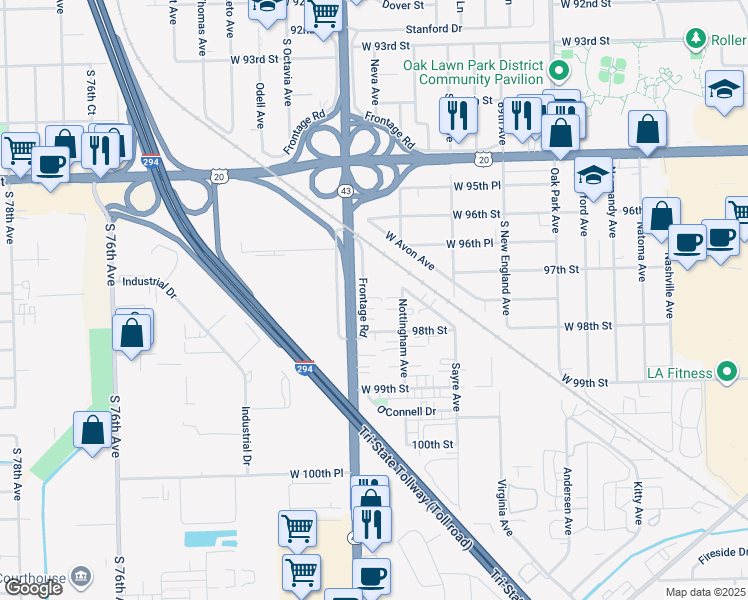 map of restaurants, bars, coffee shops, grocery stores, and more near 9715 Illinois 43 in Chicago Ridge