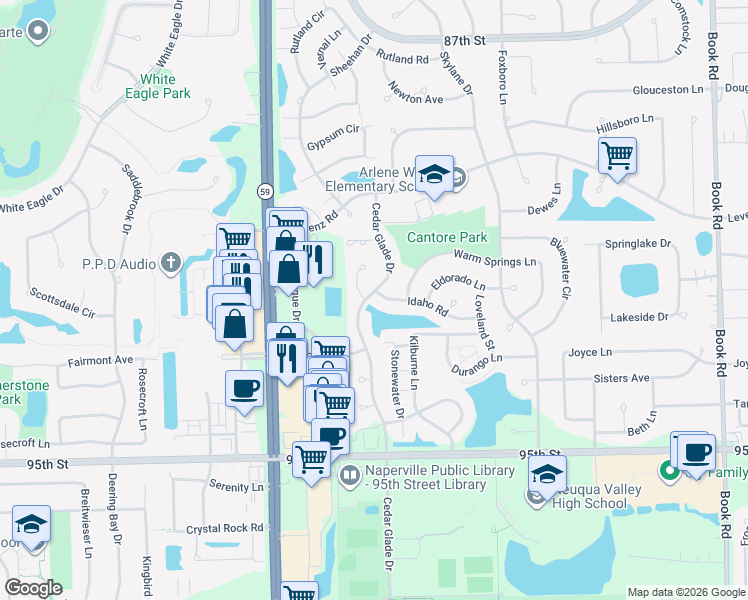map of restaurants, bars, coffee shops, grocery stores, and more near 2748 Idaho Road in Naperville