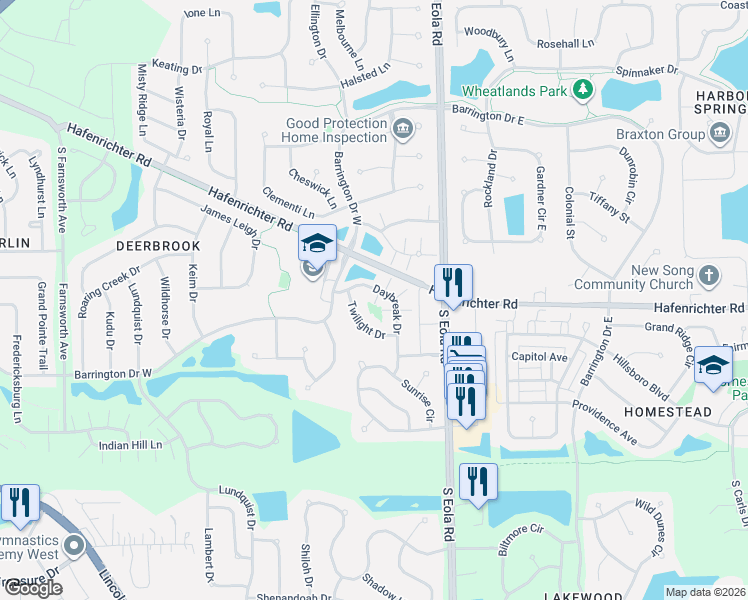 map of restaurants, bars, coffee shops, grocery stores, and more near 2195 Daybreak Drive in Aurora