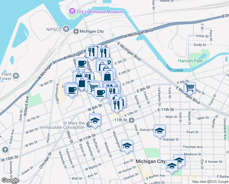 map of restaurants, bars, coffee shops, grocery stores, and more near 121 East 7th Street in Michigan City