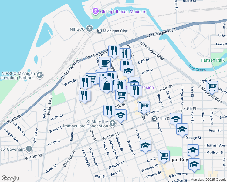 map of restaurants, bars, coffee shops, grocery stores, and more near 624 Wabash Street in Michigan City