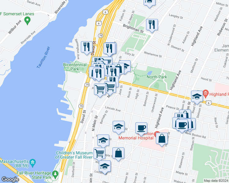 map of restaurants, bars, coffee shops, grocery stores, and more near 196 Pearce Street in Fall River
