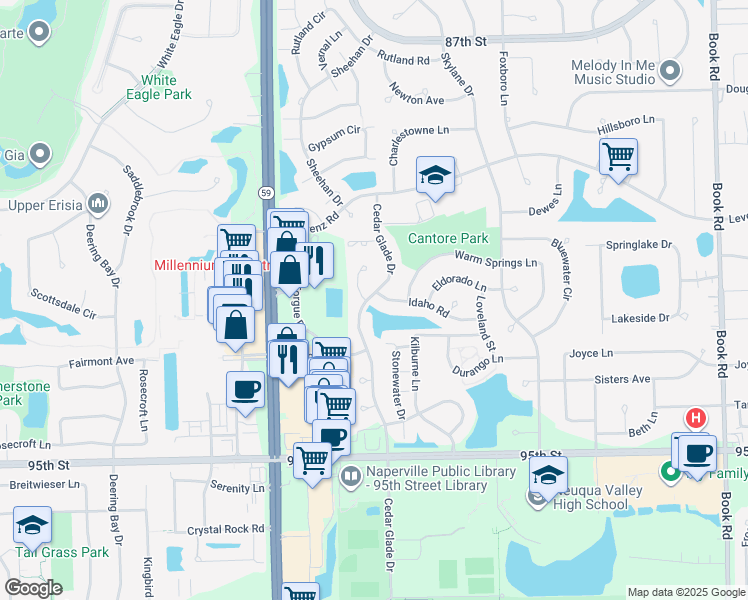 map of restaurants, bars, coffee shops, grocery stores, and more near 2748 Idaho Road in Naperville