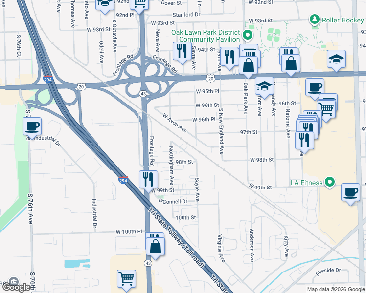 map of restaurants, bars, coffee shops, grocery stores, and more near 7040 Mather Avenue in Chicago Ridge