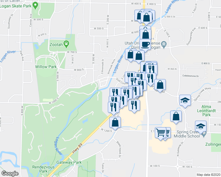 map of restaurants, bars, coffee shops, grocery stores, and more near 965 South 100 West in Logan