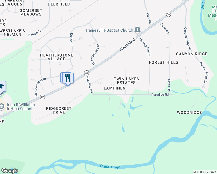 map of restaurants, bars, coffee shops, grocery stores, and more near 401 Armi Circle in Painesville