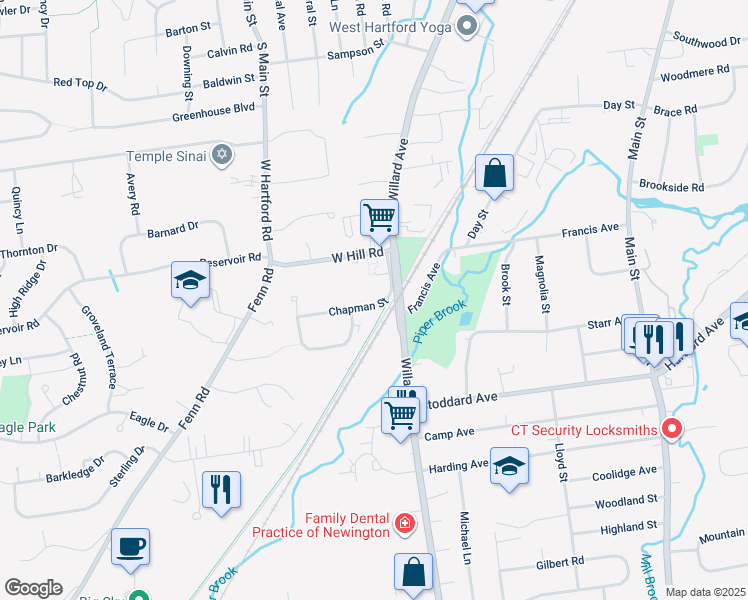 map of restaurants, bars, coffee shops, grocery stores, and more near 14 Chapman Street in Newington