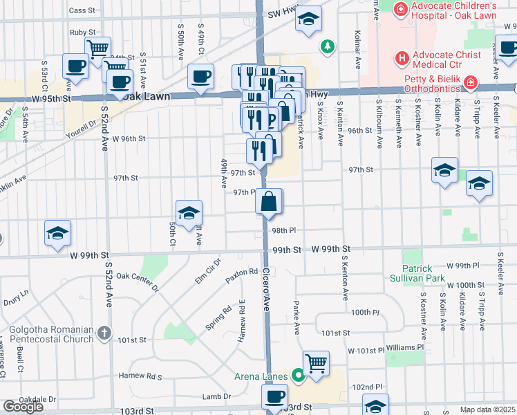 map of restaurants, bars, coffee shops, grocery stores, and more near 9756 South Cicero Avenue in Oak Lawn