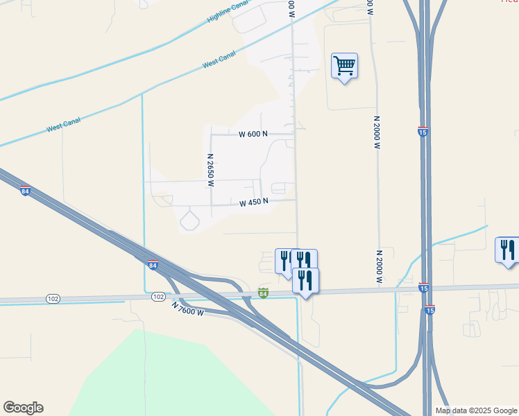 map of restaurants, bars, coffee shops, grocery stores, and more near 2455 West 450 North in Tremonton