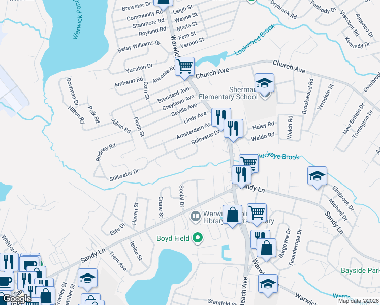 map of restaurants, bars, coffee shops, grocery stores, and more near 86 Stillwater Drive in Warwick