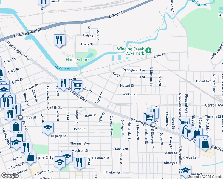 map of restaurants, bars, coffee shops, grocery stores, and more near 322 Walker Street in Michigan City