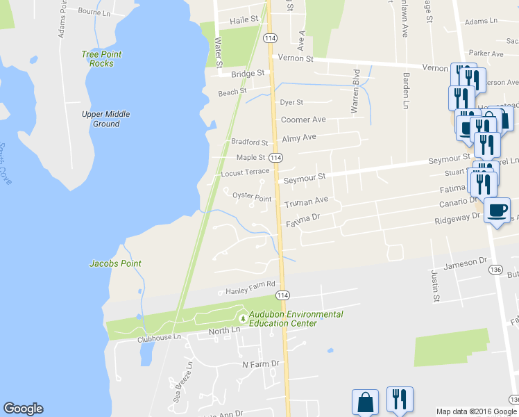 map of restaurants, bars, coffee shops, grocery stores, and more near 6 Oyster Point in Warren