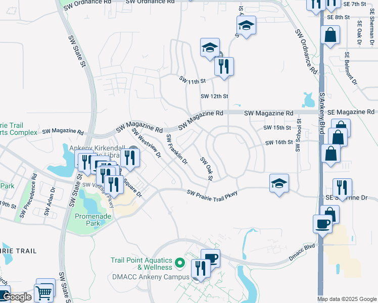map of restaurants, bars, coffee shops, grocery stores, and more near 1005 Southwest Merchant Street in Ankeny
